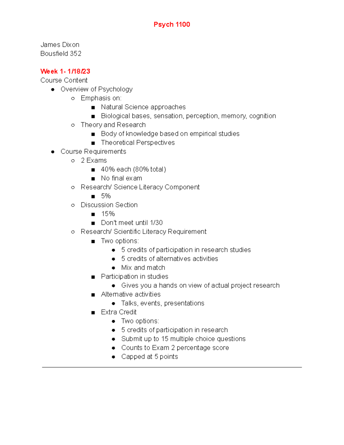 Psych 1100- Week 1 Notes - Psych 1100 James Dixon Bousfield 352 Week 1 ...