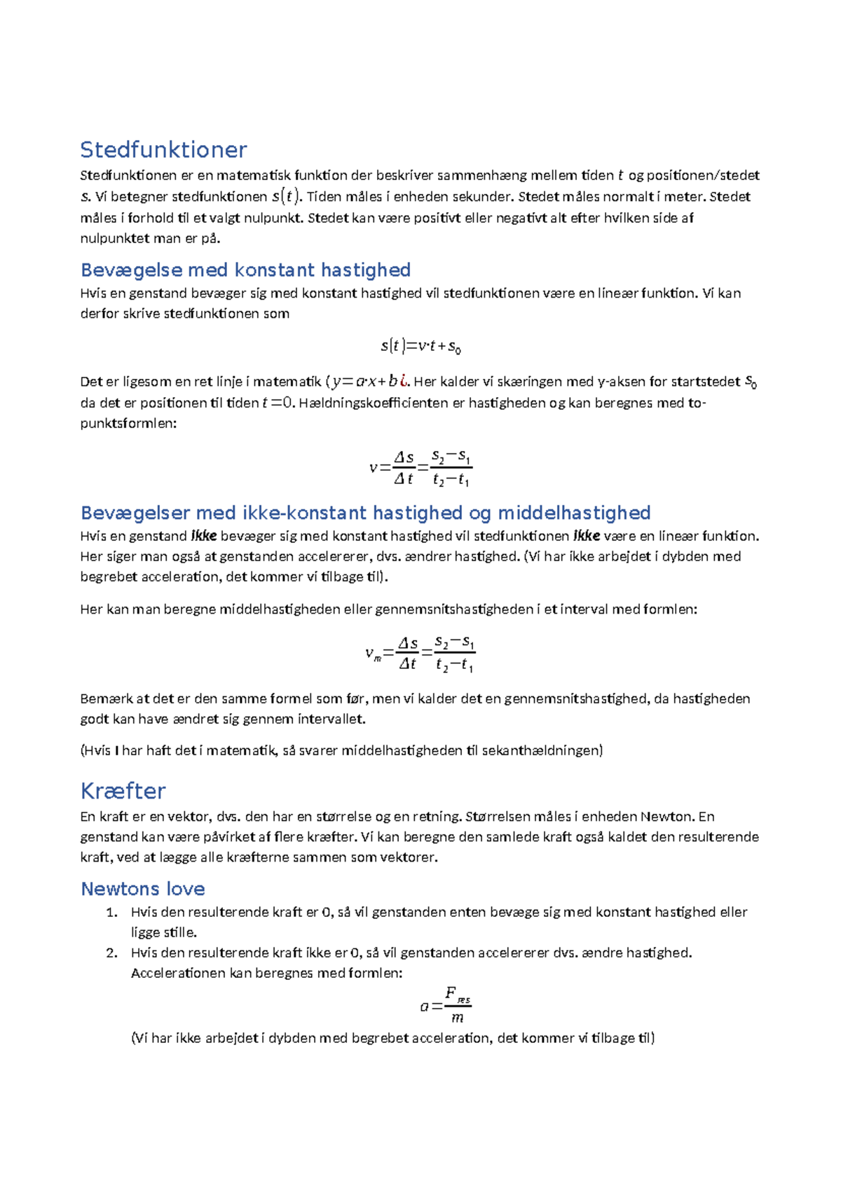 Fysik - Opsamlingsnote - Stedfunktioner Stedfunktionen Er En Matematisk ...