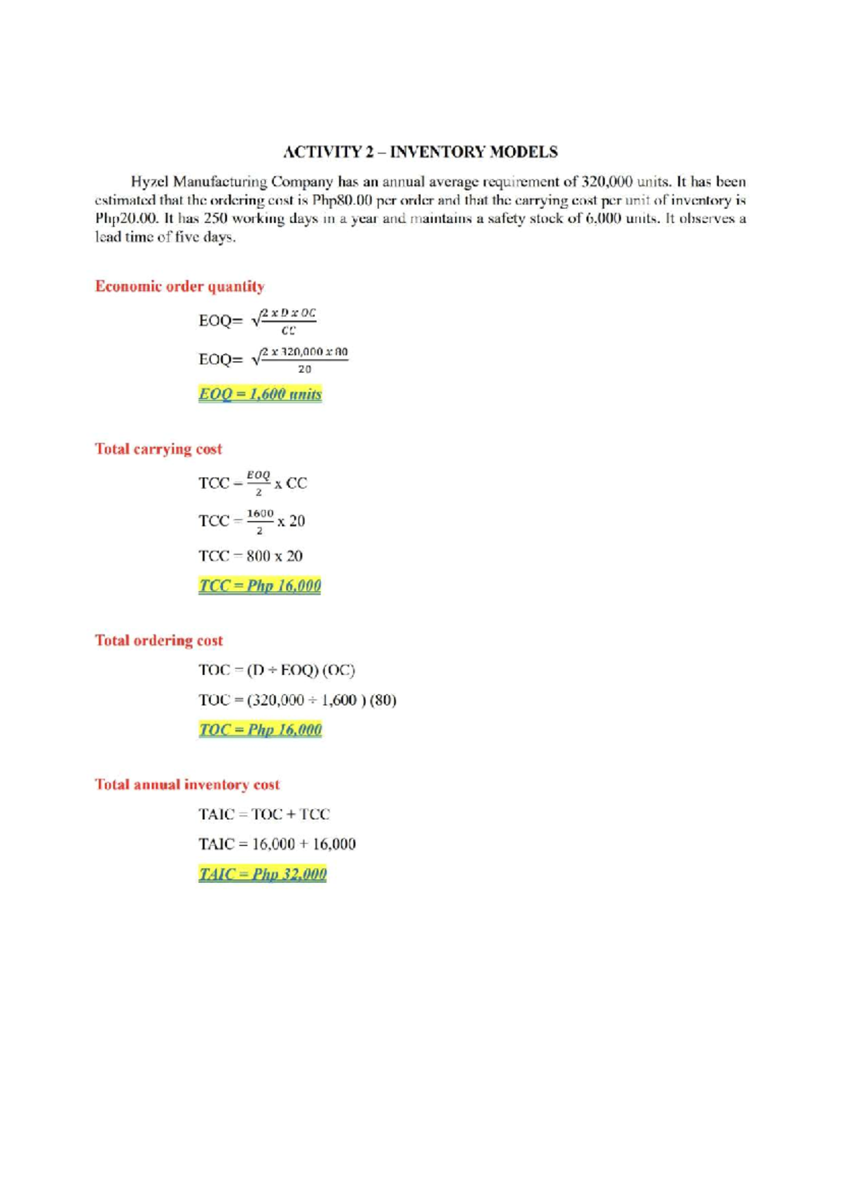 Inventory models simple activity - ACTIVITY 2 INVENTORY MODELS Hyzel ...