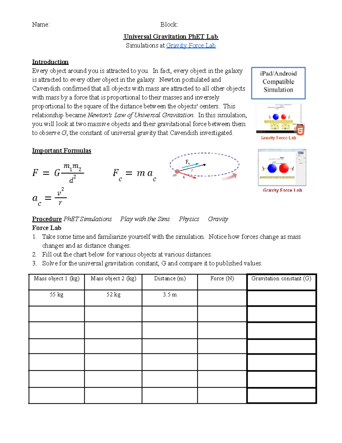 Universal Gravitation Ph ET Lab - Name: Block: Universal Gravitation ...