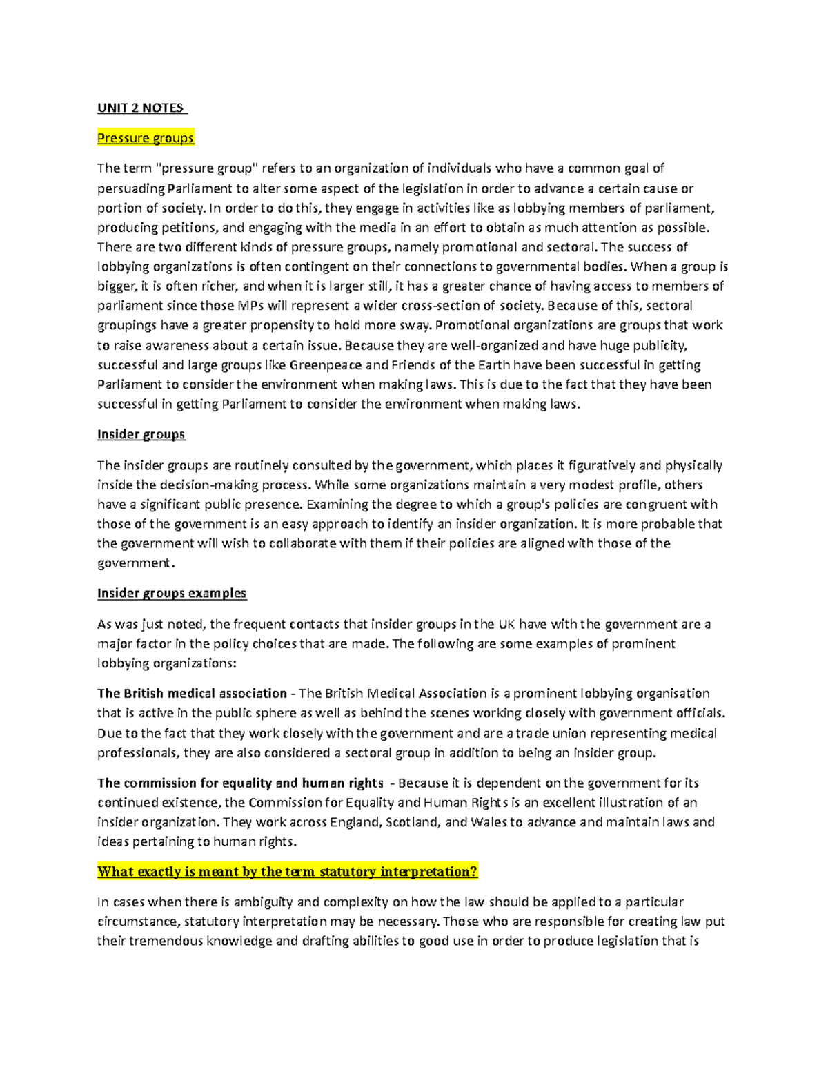 UNIT 2 Notes yuh UNIT 2 NOTES Pressure groups The term "pressure