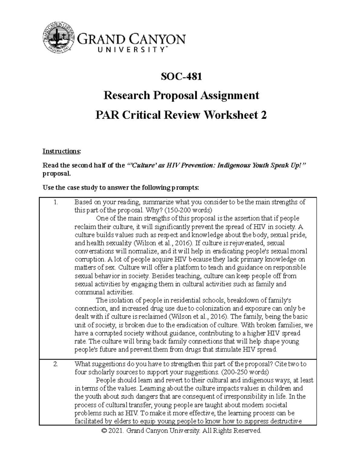 SOC-481 PAR Critical Review Worksheet 2 SOC Research Proposal