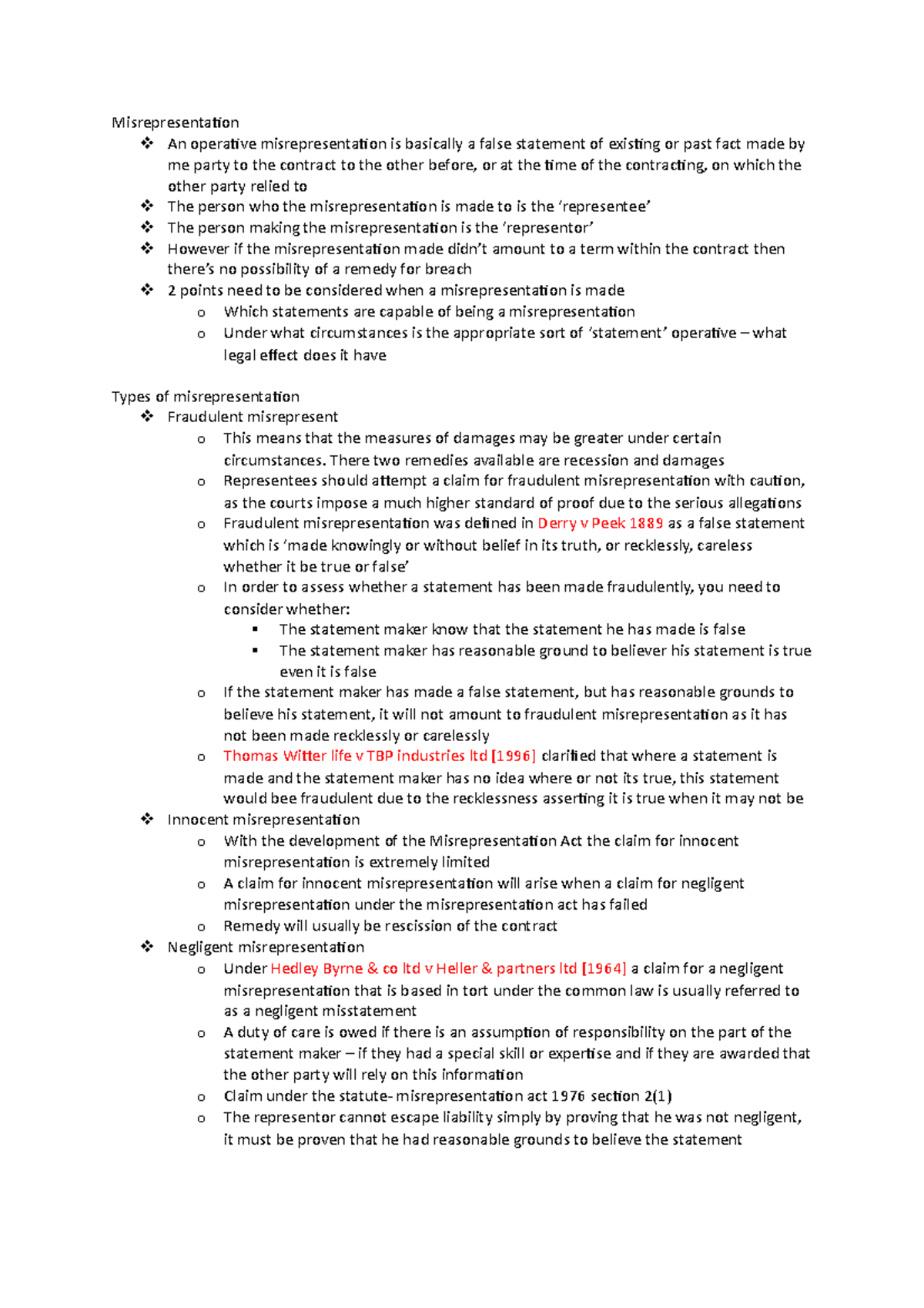 Contract law - lecture 3 - Misrepresentation An operative ...