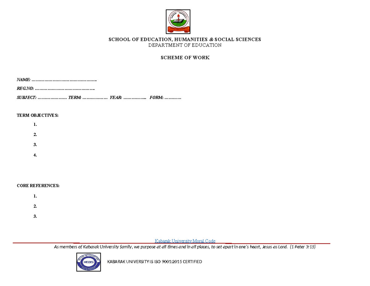 Scheme OF WORK - DEPARTMENT OF EDUCATION SCHEME OF WORK NAME: - Studocu