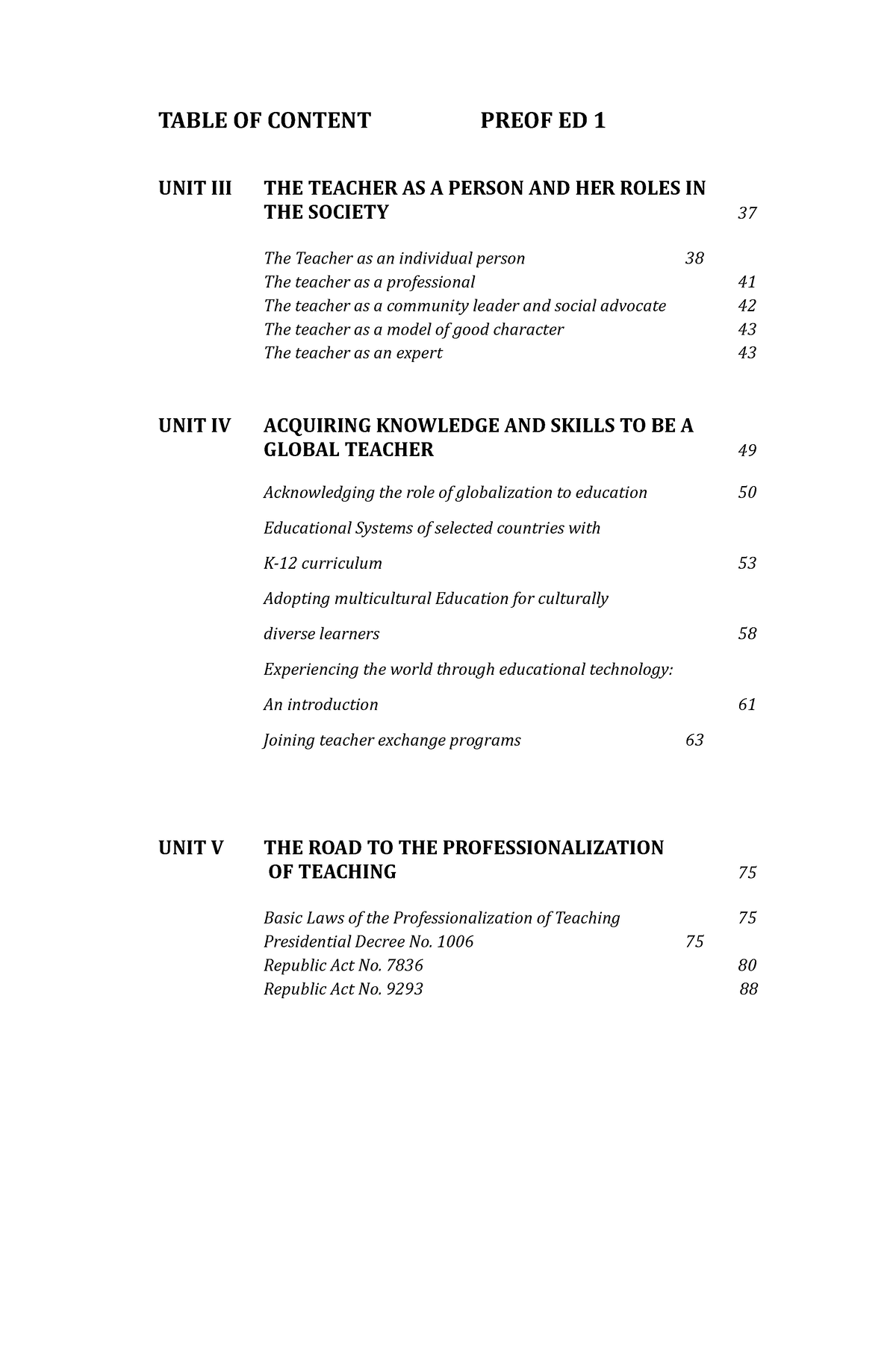 Prof Ed 1Teaching Profession 1 - TABLE OF CONTENT PREOF ED 1 UNIT III ...