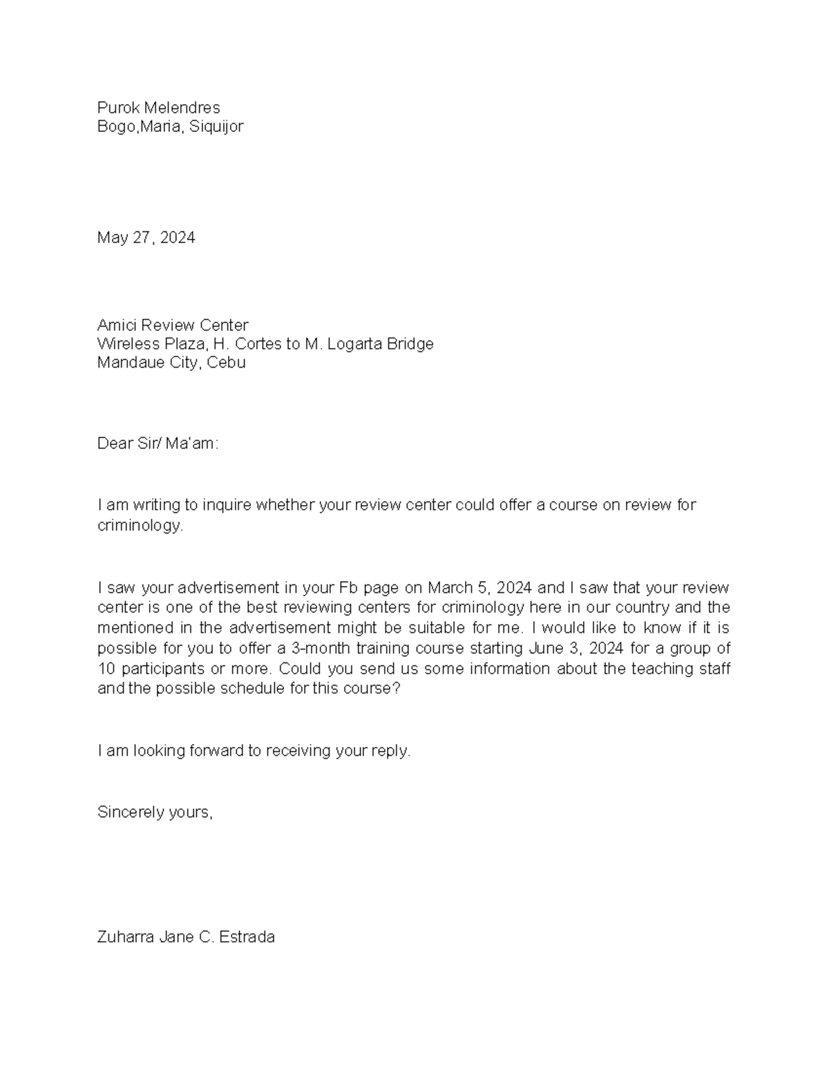 Inquiry - civilian letter - Purok Melendres Bogo,Maria, Siquijor May 27 ...