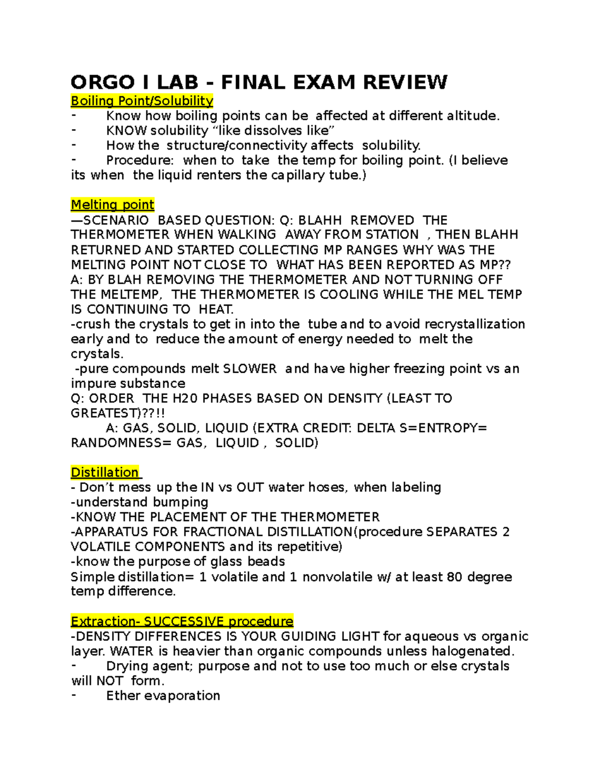 ORGO I LAB FUNCTIONAL GROUPS ORGO I LAB FINAL EXAM REVIEW Boiling