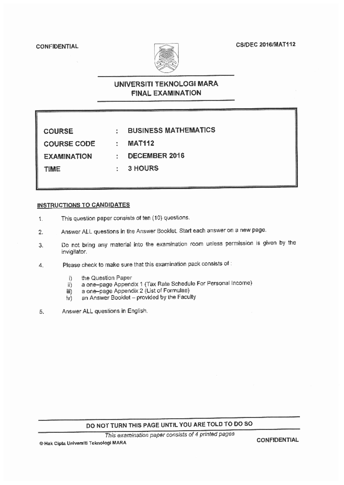 MAT112 DEC 2016 - Huhuhu - Business Mathematics - Studocu