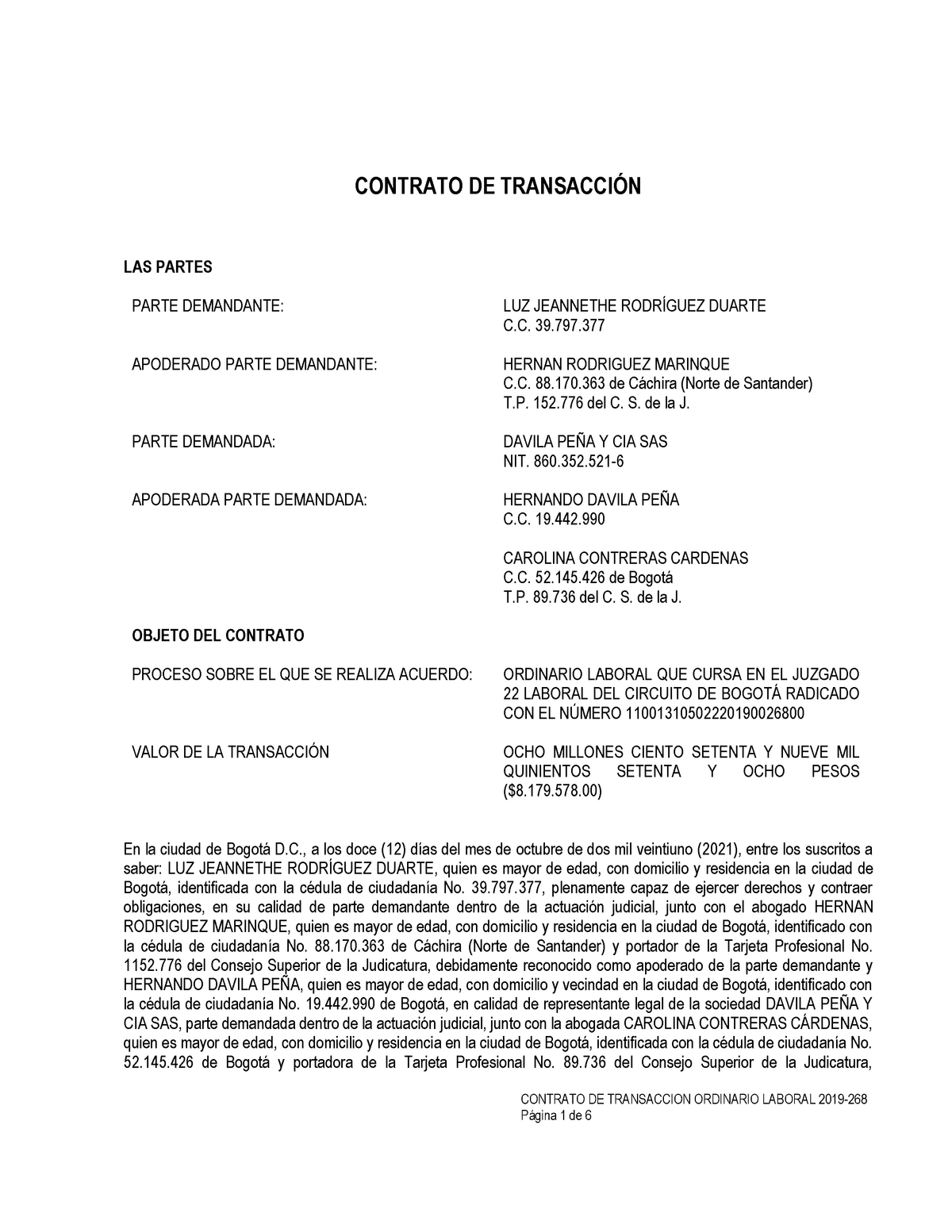 Contrato DE Transaccion Laboral - CONTRATO DE TRANSACCION ORDINARIO LABORAL  2019- CONTRATO DE - Studocu