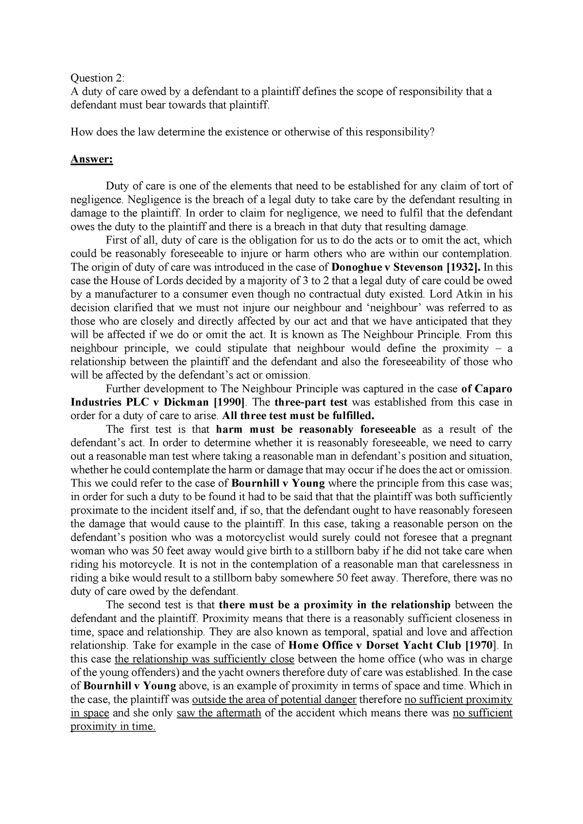 Tutorial TORT - REFERENCE - Question 2: A duty of care owed by a ...