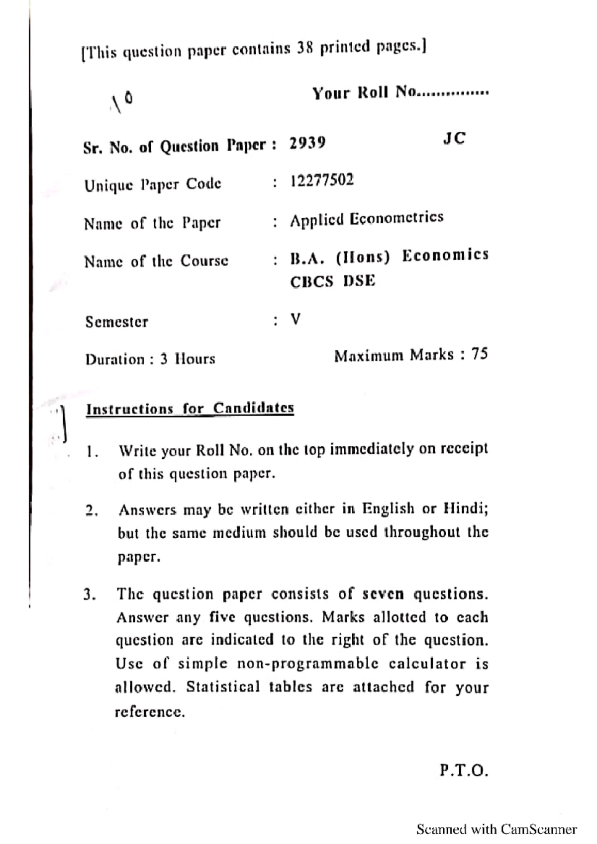 2019 , Applied Ecotrix, question paper Economics hons Studocu
