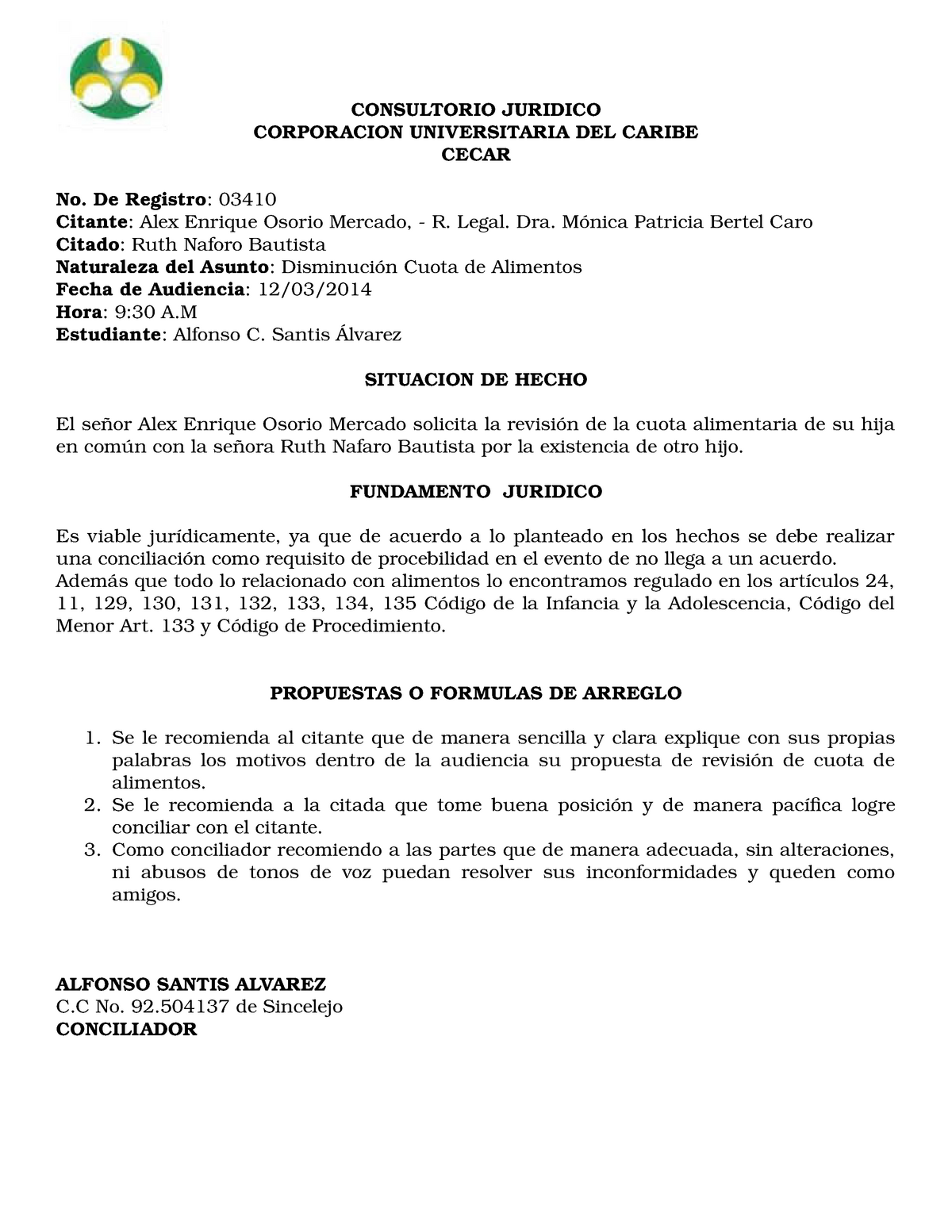 Informe De Conciliacion 01 Consultorio Juridico Corporacion Universitaria Del Studocu