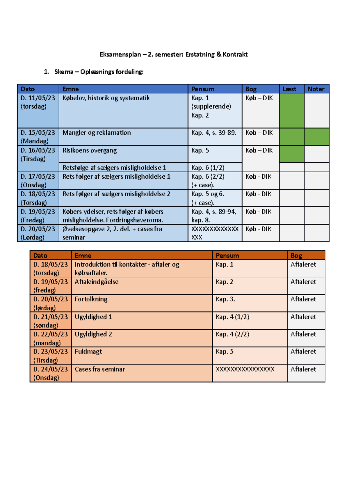 Eksamensplan - Semester: Erstatning & Kontrakt Skema – Oplæsnings ...