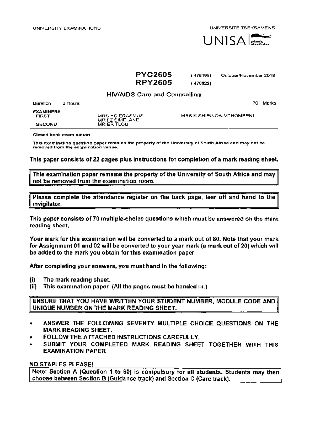 Sample/practice exam 12 November 2019, questions and answers - PYC2603 ...