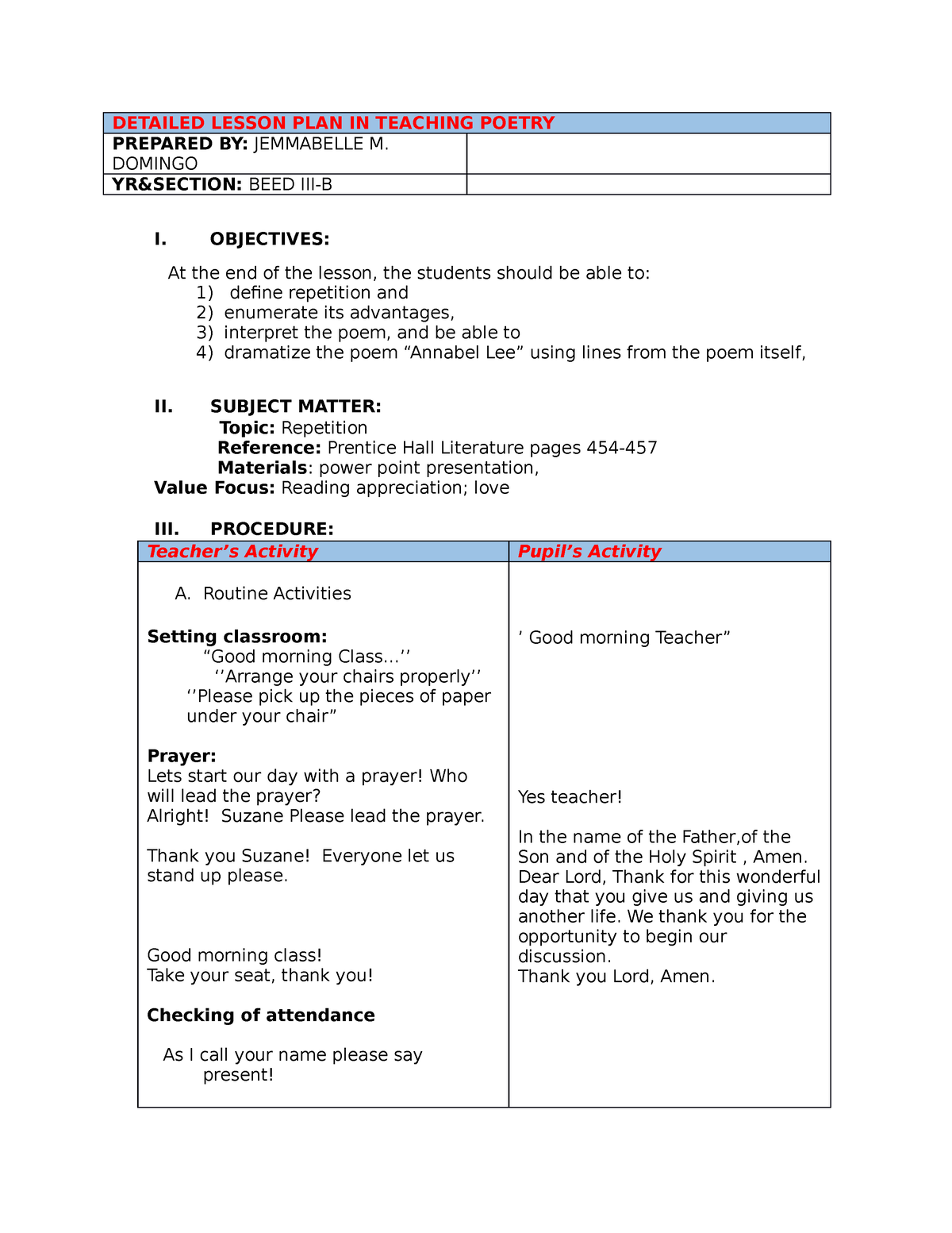 Detailed Lesson PLAN IN Teaching Poetry DETAILED LESSON PLAN IN 