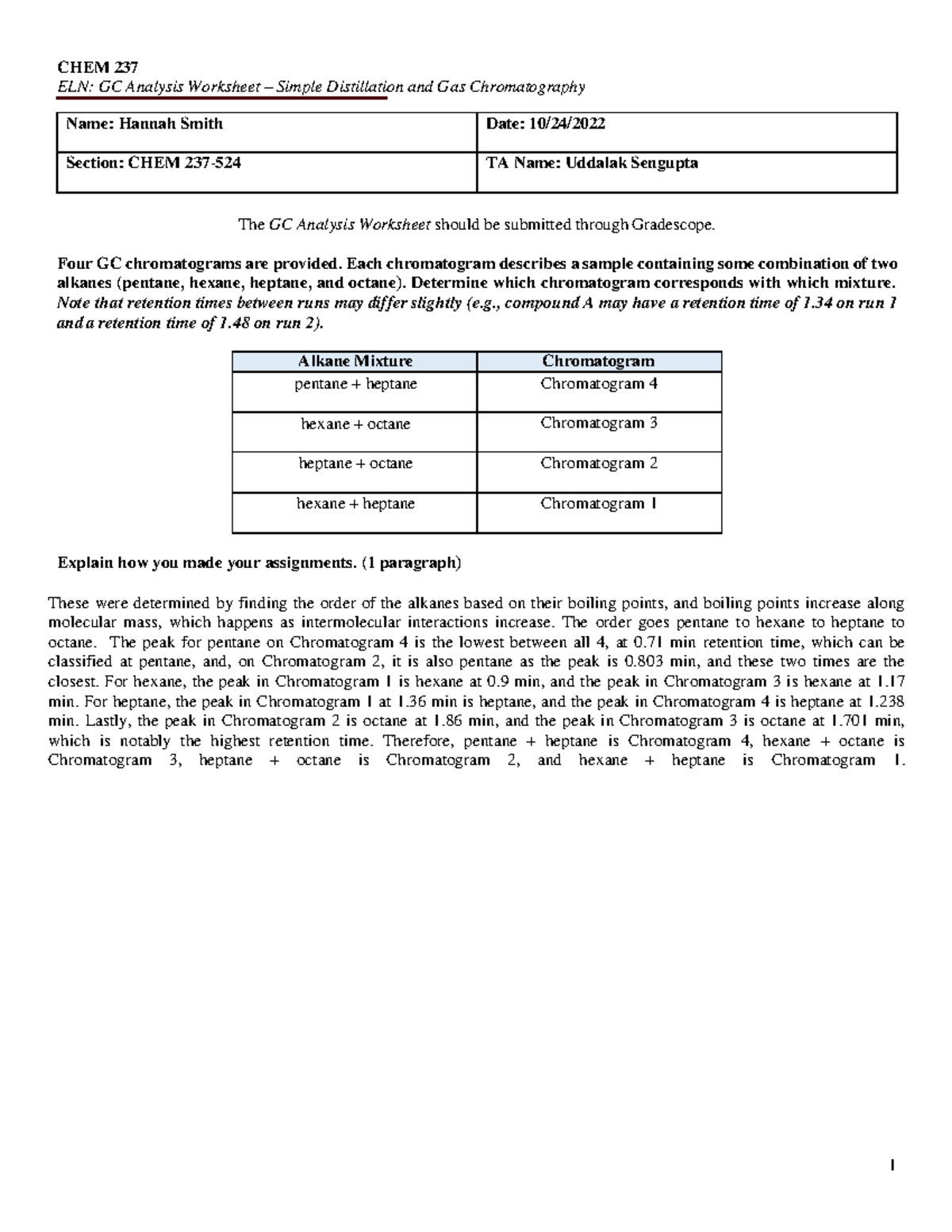 Simple distillation gc analysis worksheet CHEM 237 ELN GC Analysis