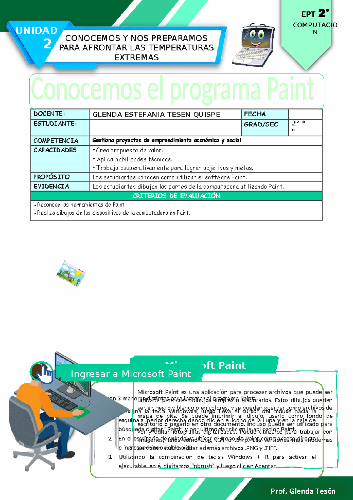 Ficha DE Actividad EPT 2°- Semana 4 - Microsoft Paint . DOCENTE: GLENDA ...