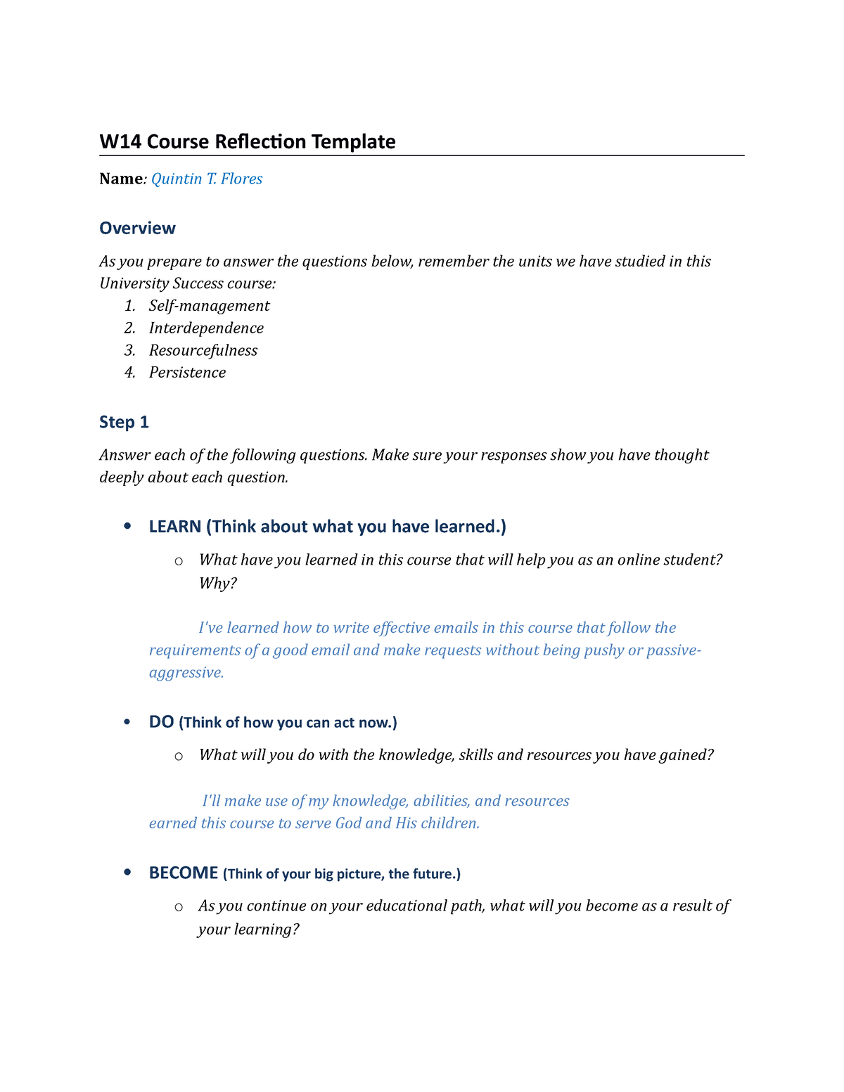 Pc Document W Reflection Template W Course Reflection Template