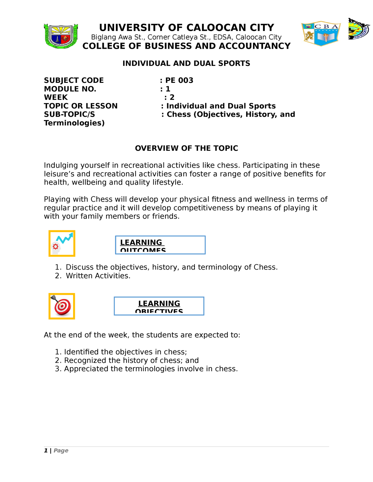 CBA PE 003 Module 1 Week 2 Chess Objectives History Terminologies ...