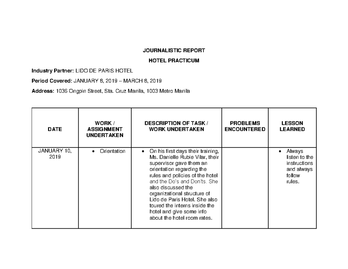 Journalistic Report - JOURNALISTIC REPORT HOTEL PRACTICUM Industry ...