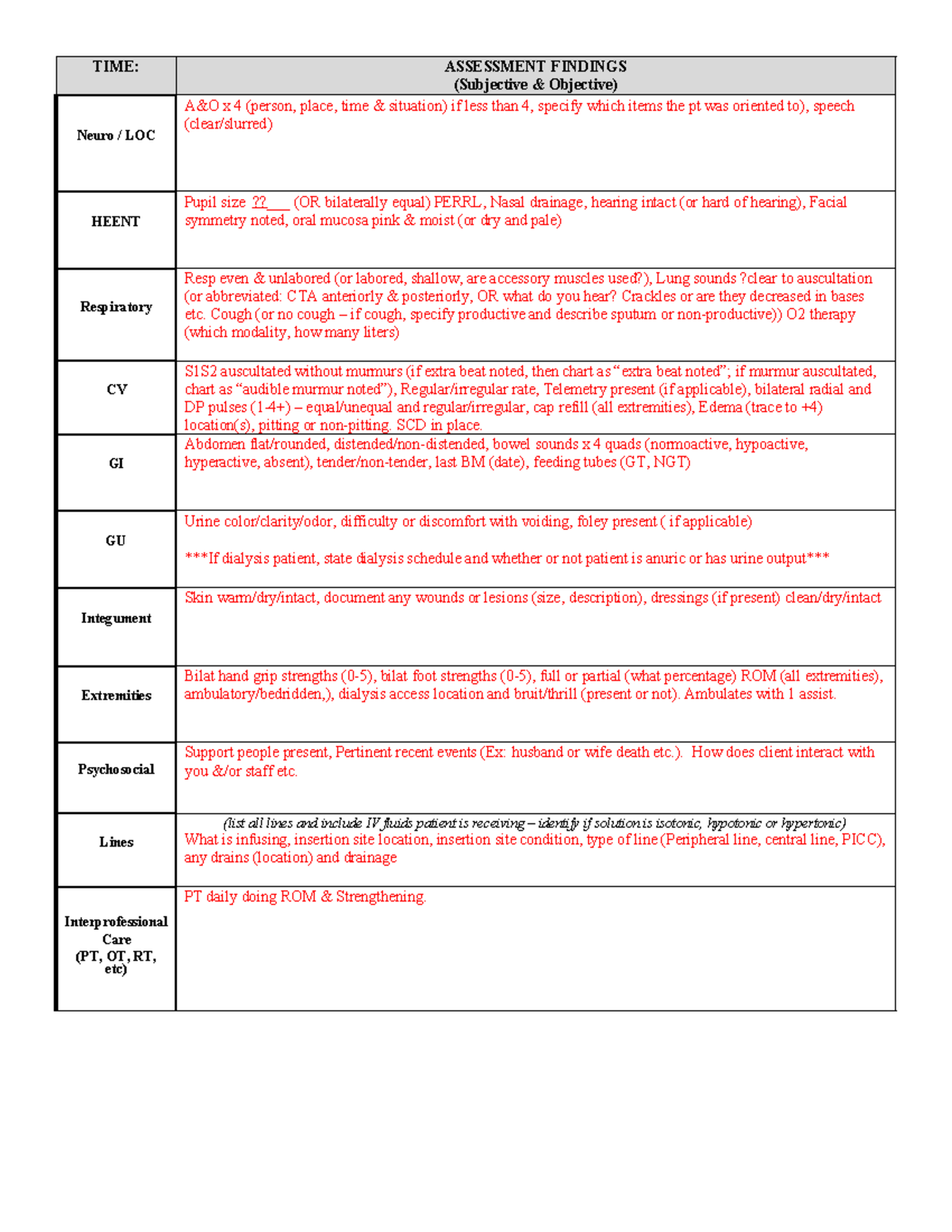 Assessment Documentation Example - TIME: ASSESSMENT FINDINGS ...