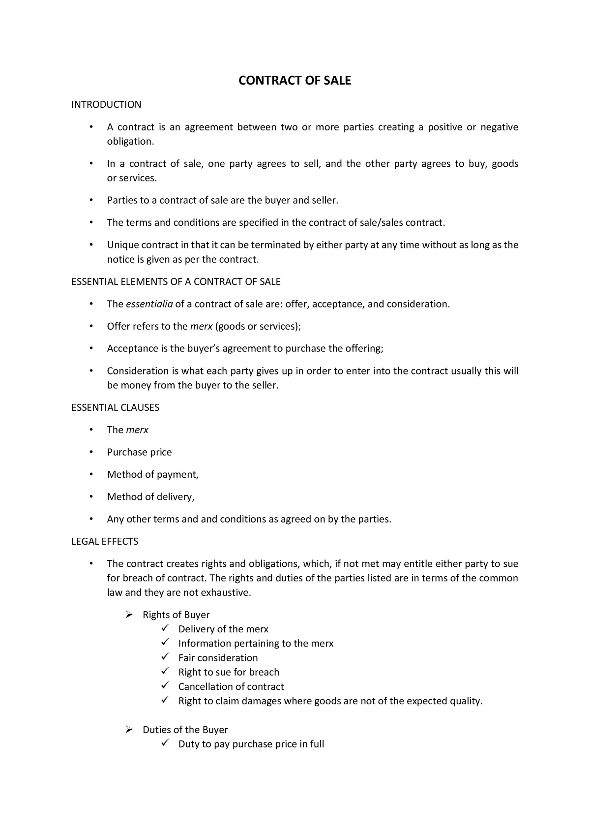 Summarised Commercial Law Notes - CONTRACT OF SALE INTRODUCTION A ...