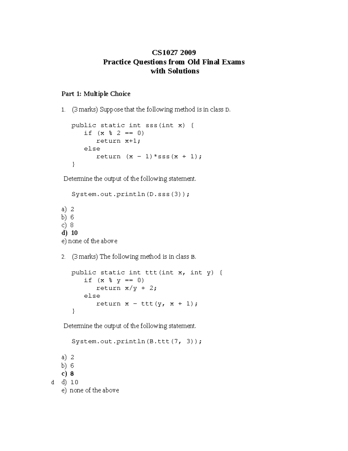 Sample Final Exam Solution - CS1027 2009 Practice Questions From Old ...
