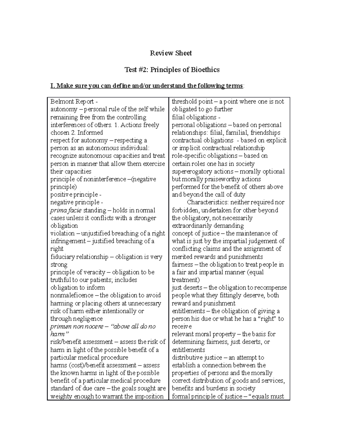 Test 2 - Principles of Bioethics Spring 2021 Review Sheet - Review ...