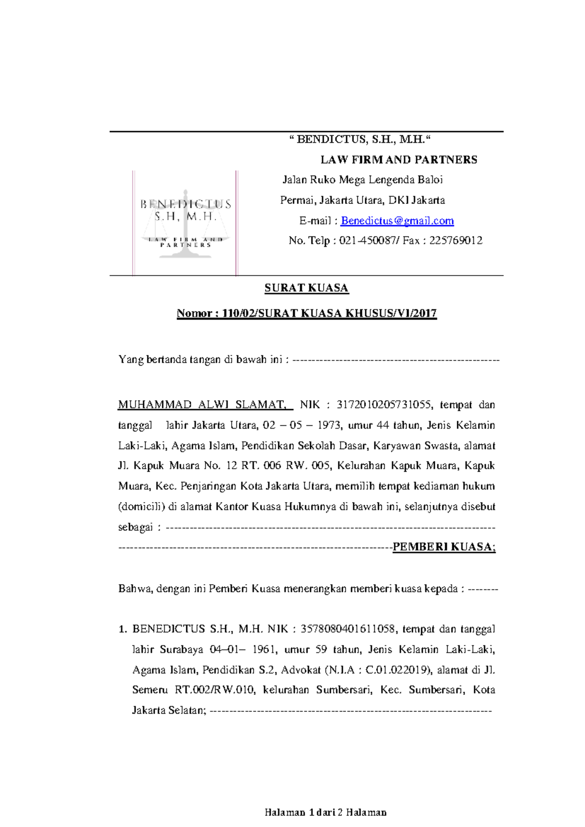 Surat Kuasa Pemohon - Halaman 1 dari 2 Halaman “ BENDICTUS, S., M.“ LAW