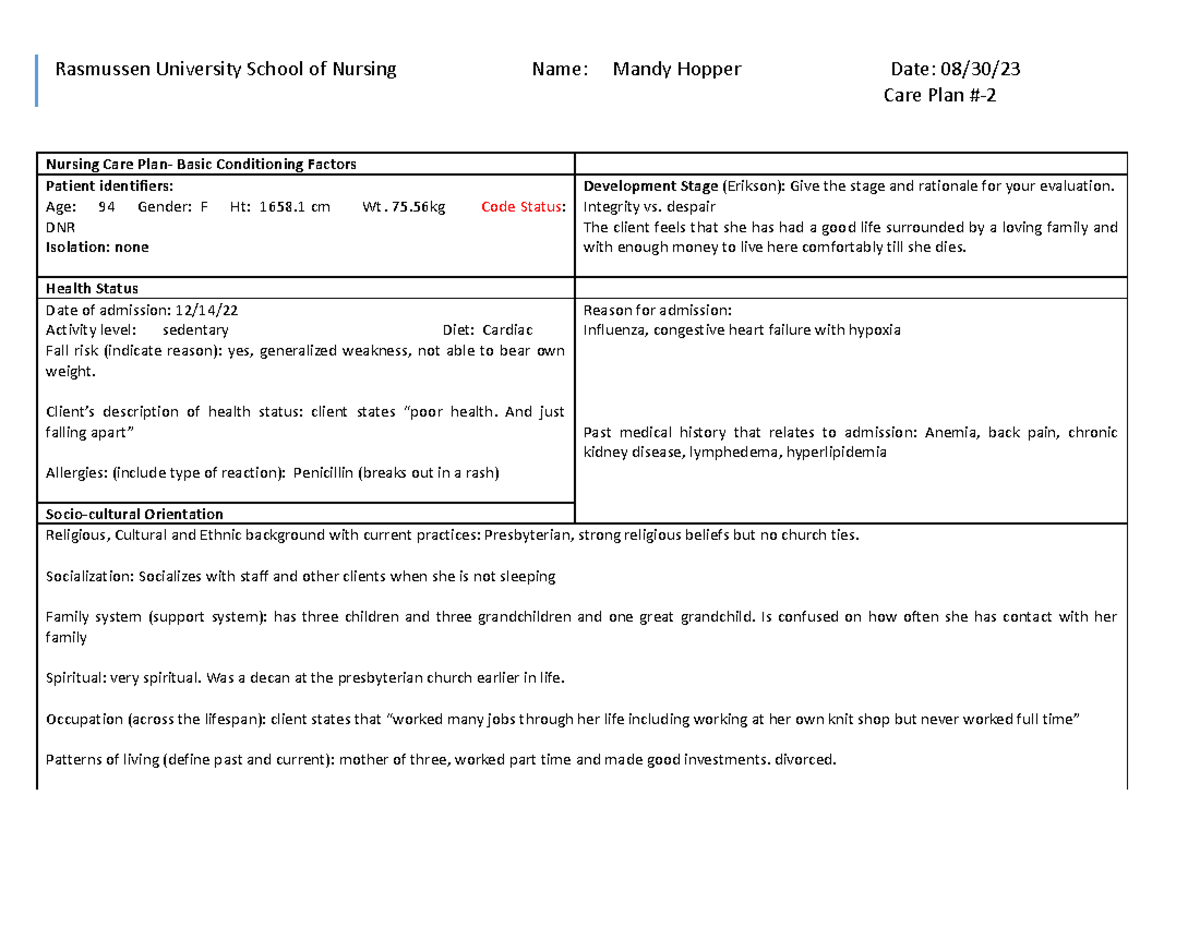 MHopper Care Plan #2 090323 - Rasmussen University School of Nursing ...
