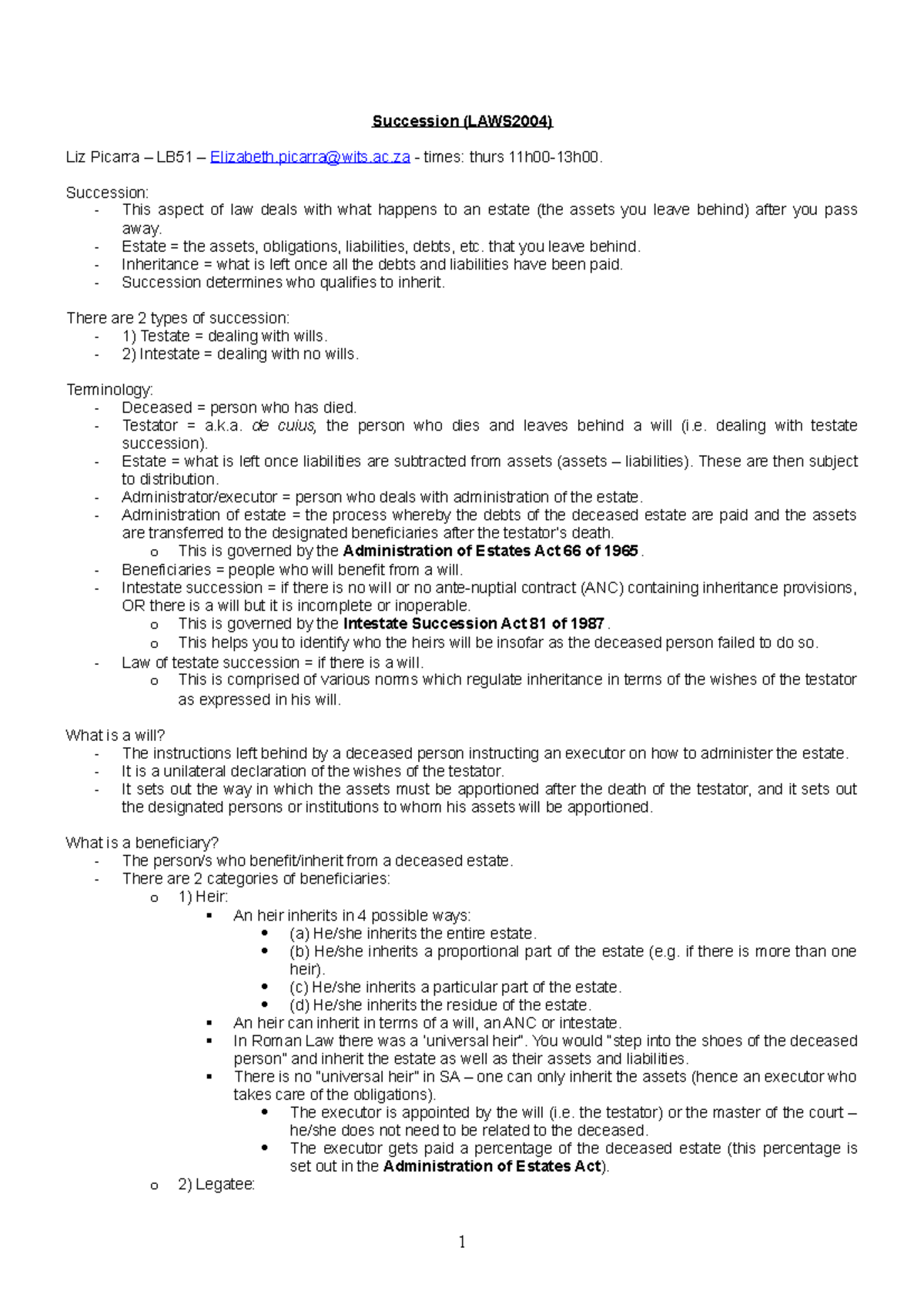 Succession Semester 1 - Succession (LAWS2004) Liz Picarra LB51 times ...