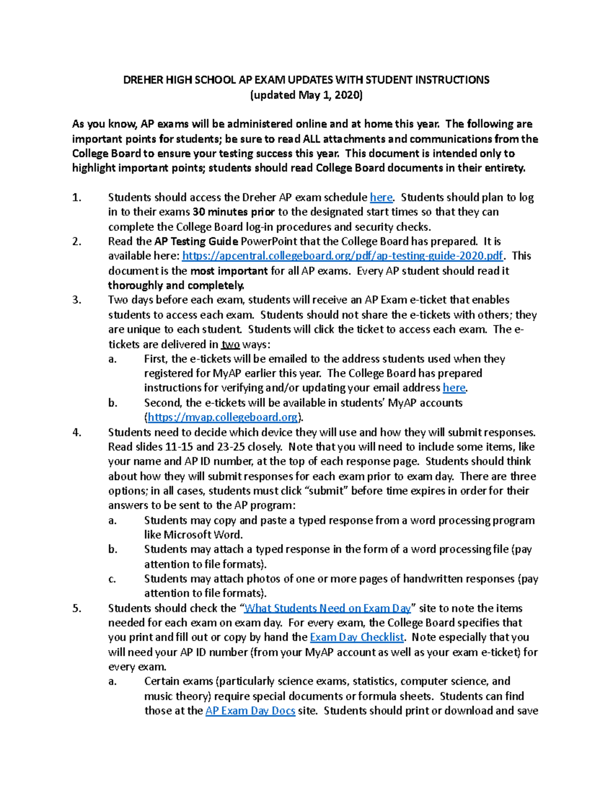 AP notes (EXAM) - DREHER HIGH SCHOOL AP EXAM UPDATES WITH STUDENT ...