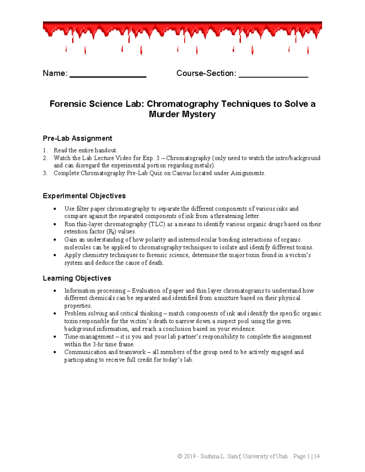 Chromatography Forensics Experiment A Murder Mystery CHEM 1215