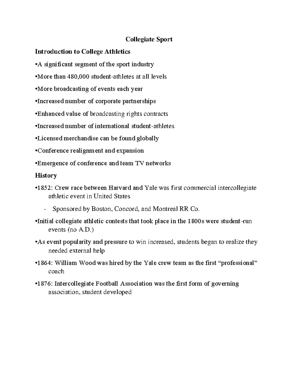 Collegiate sport class notes Collegiate Sport Introduction to