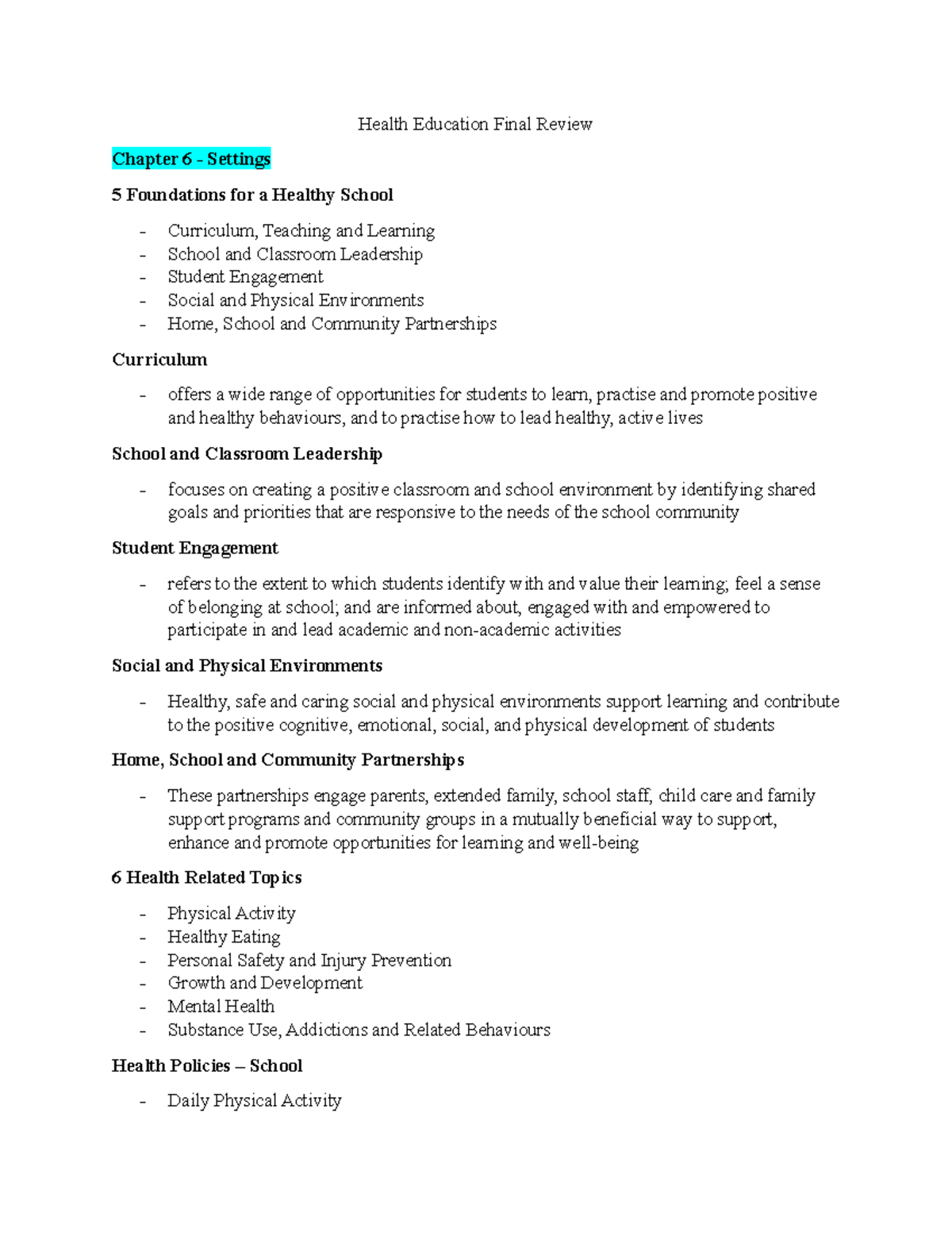 Health Education Final Review Health Education Final Review Chapter 6