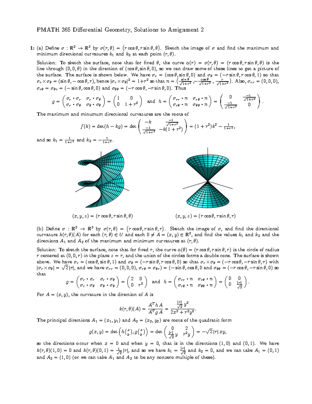Assig 2soln PMATH 365 Differential Geometry, Solutions to Assignment