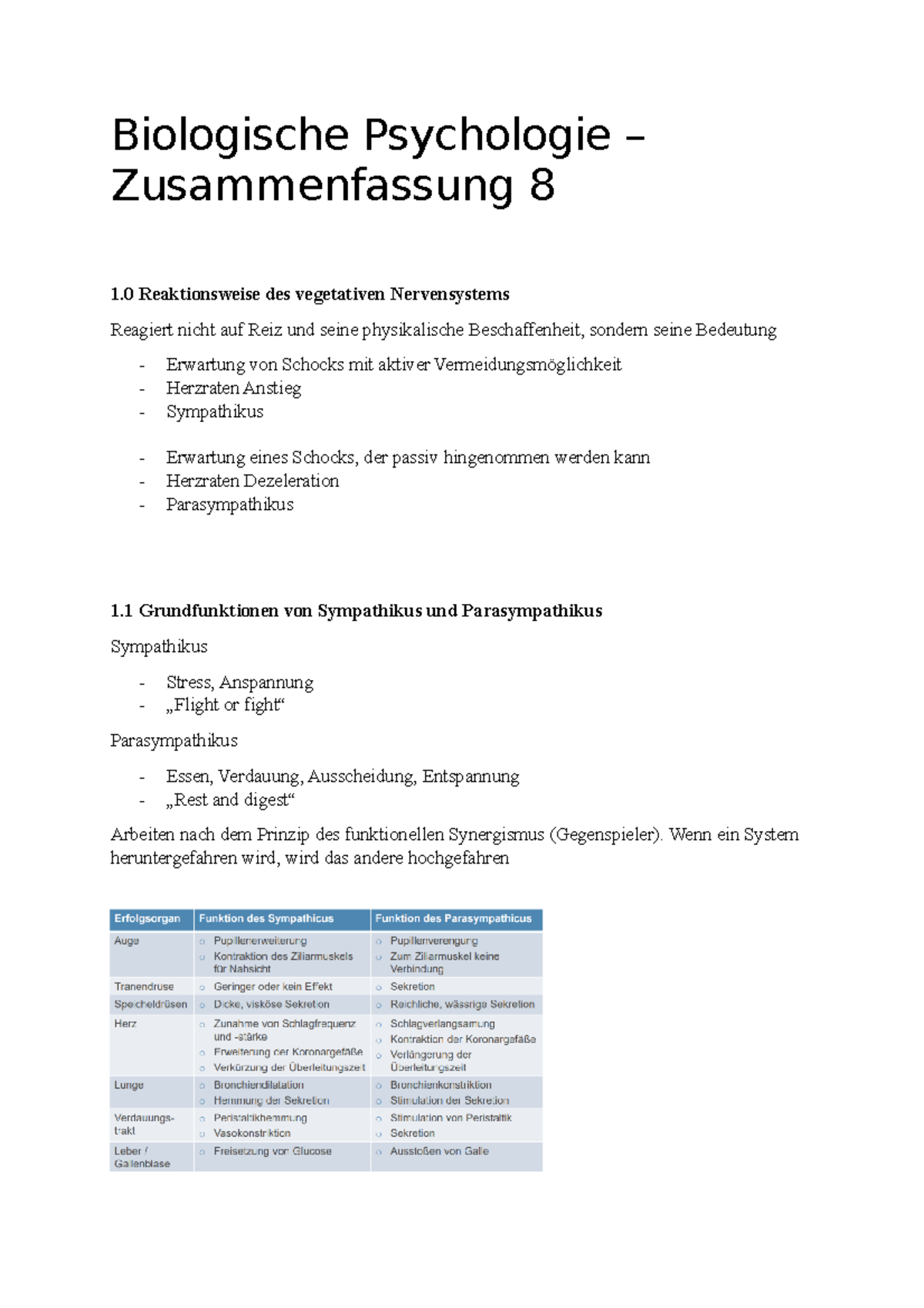 8. Vorlesung 8 Zusammenfassung Biologische Psychologie - StuDocu