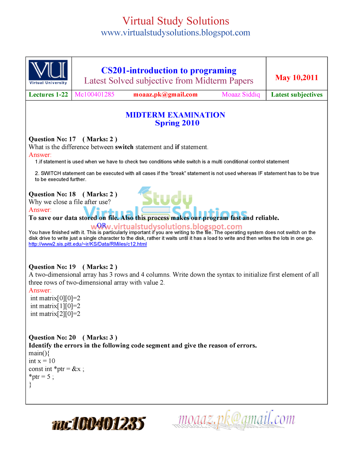 CS201- Midterm Subjectives Solved With References By Moaaz [www ...