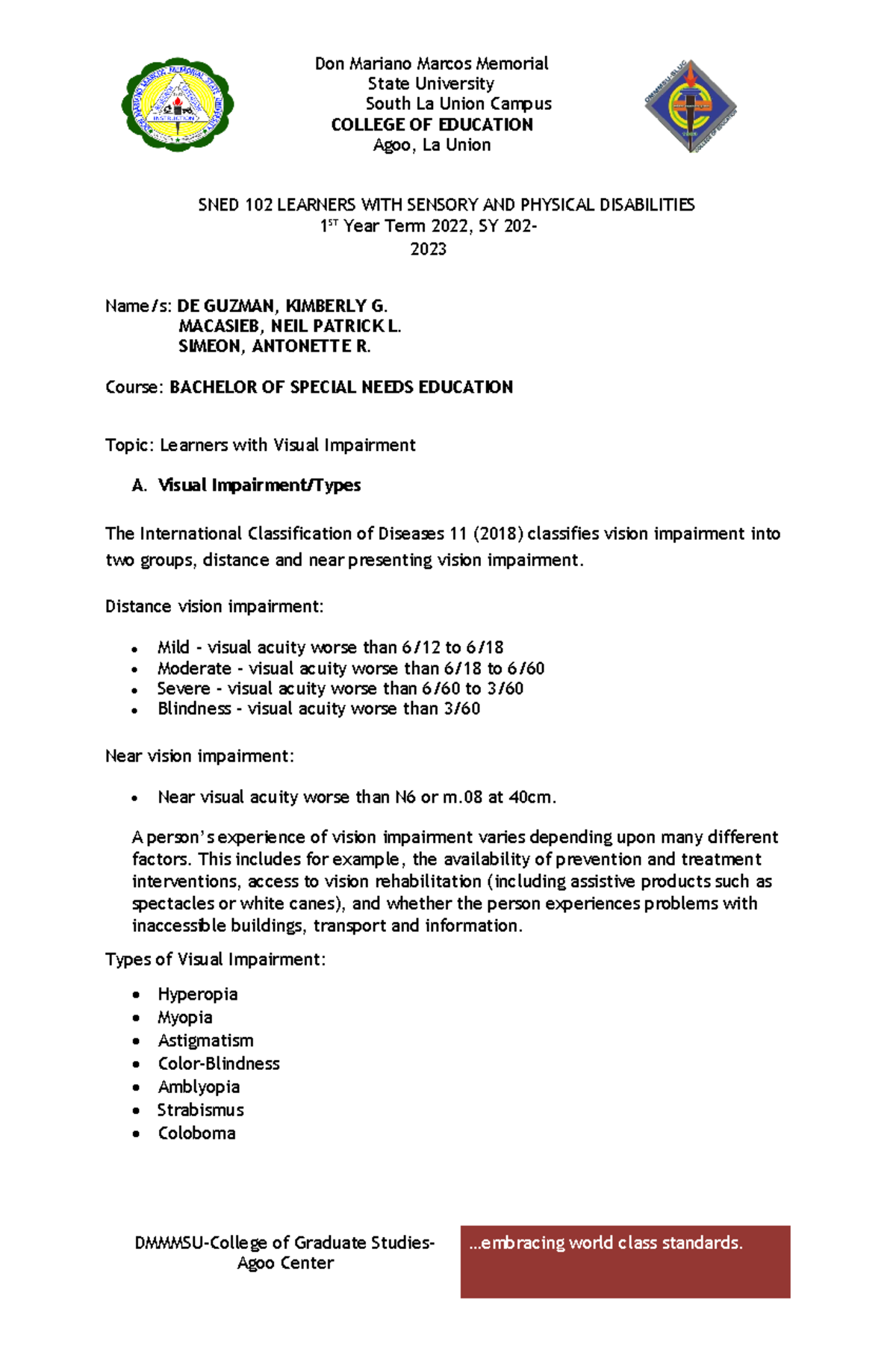 Learners with Visual Impairment State University South La Union