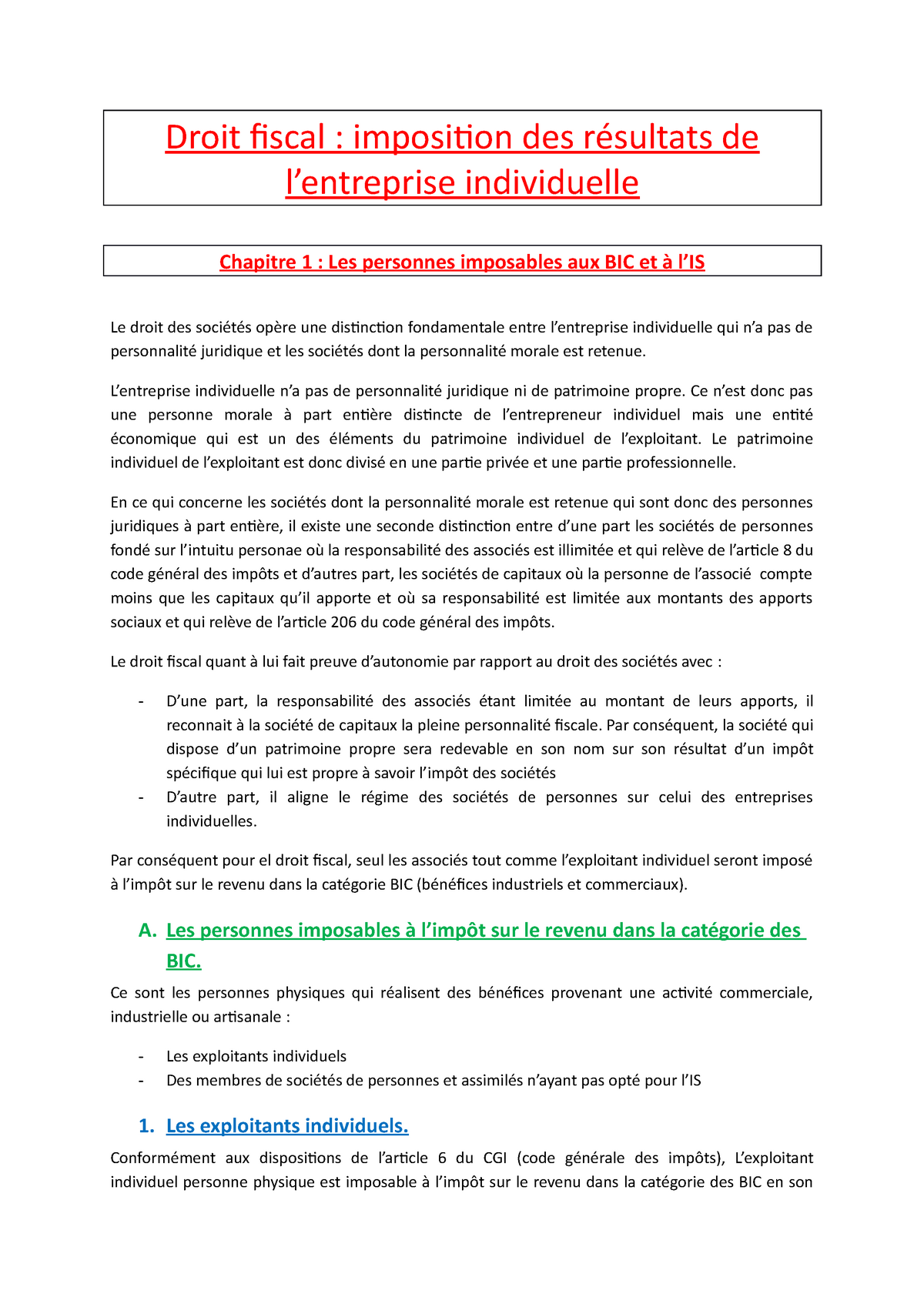 Droit Fiscal Imposition Des R-sultats De L-entreprise Individuelle ...