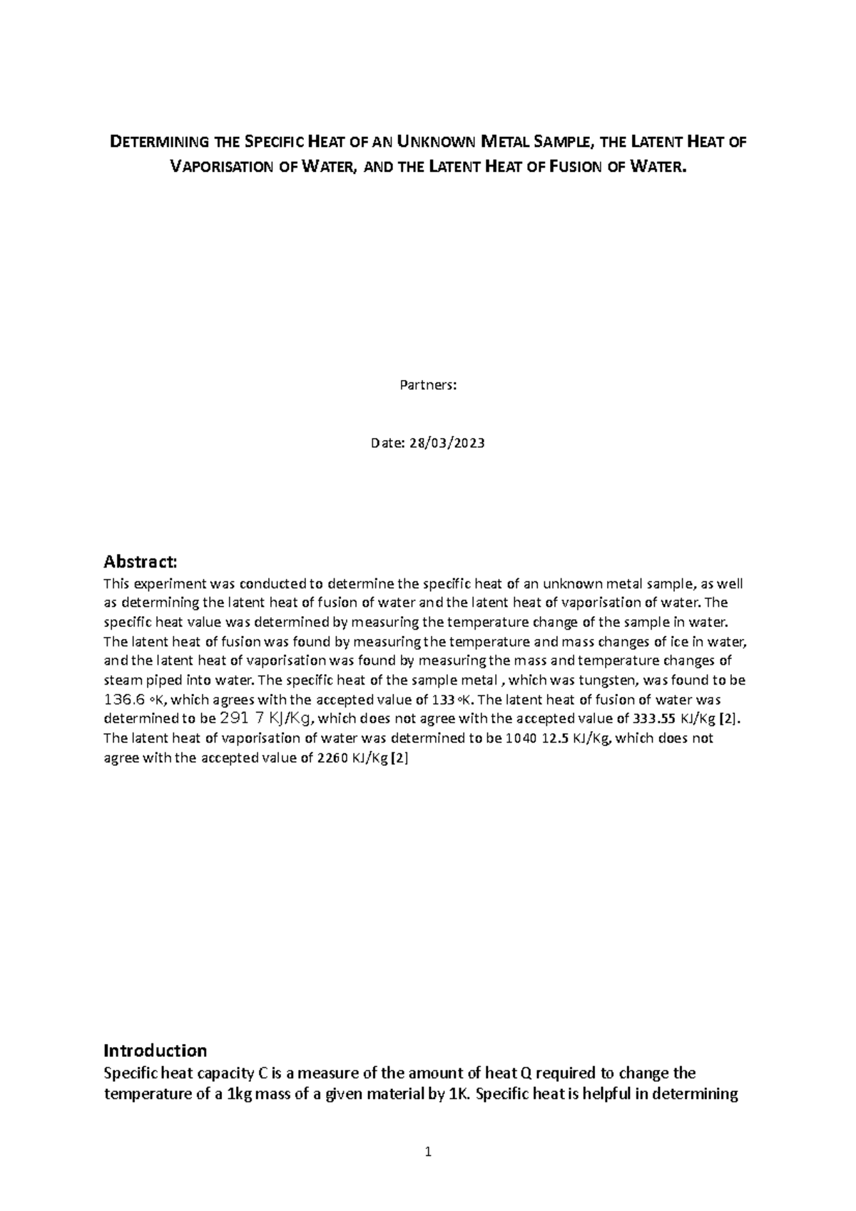 Lab report sem 1 - DETERMINING THE SPECIFIC HEAT OF AN UNKNOWN METAL ...