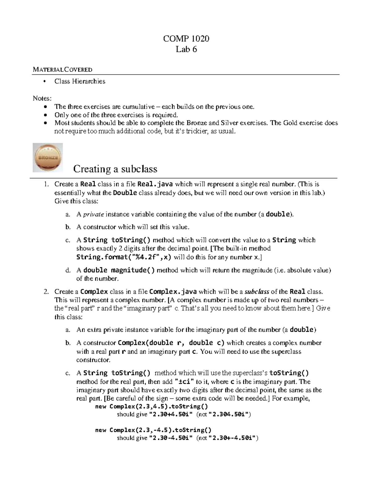 Lab06 - lab - COMP 1020 Lab 6 MATERIAL COVERED Class Hierarchies Notes ...