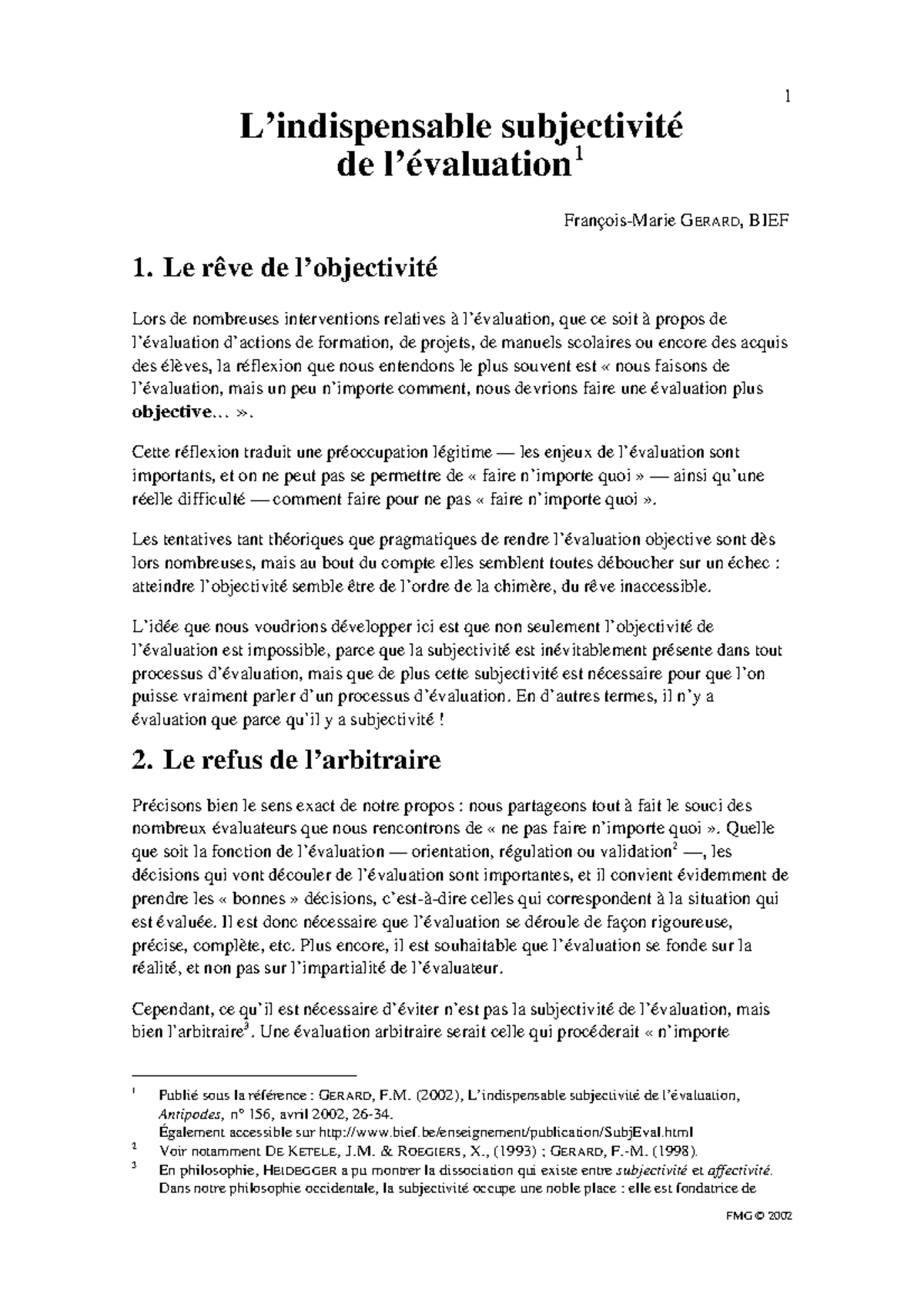 L'indispensable subjetivité de l'evaluation - 1 L’indispensable ...