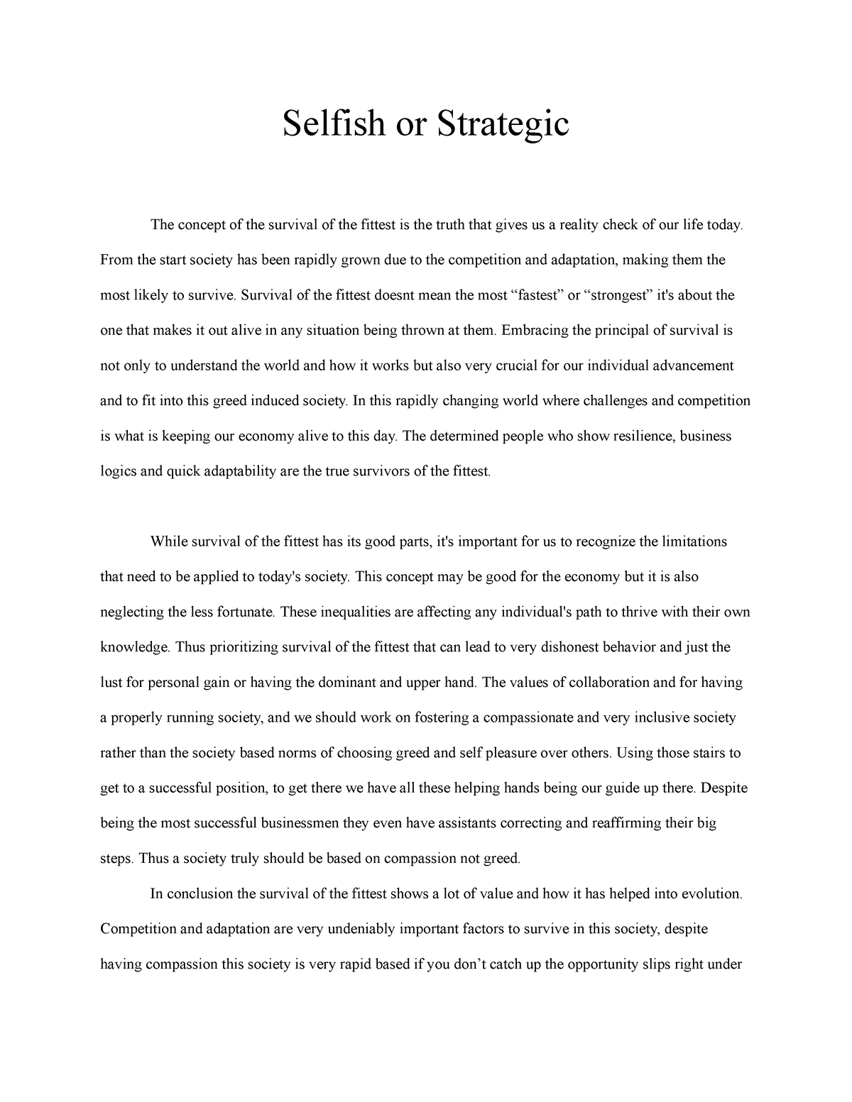 Rochelle's Essay on Survival of the Fittest - Selfish or Strategic The ...