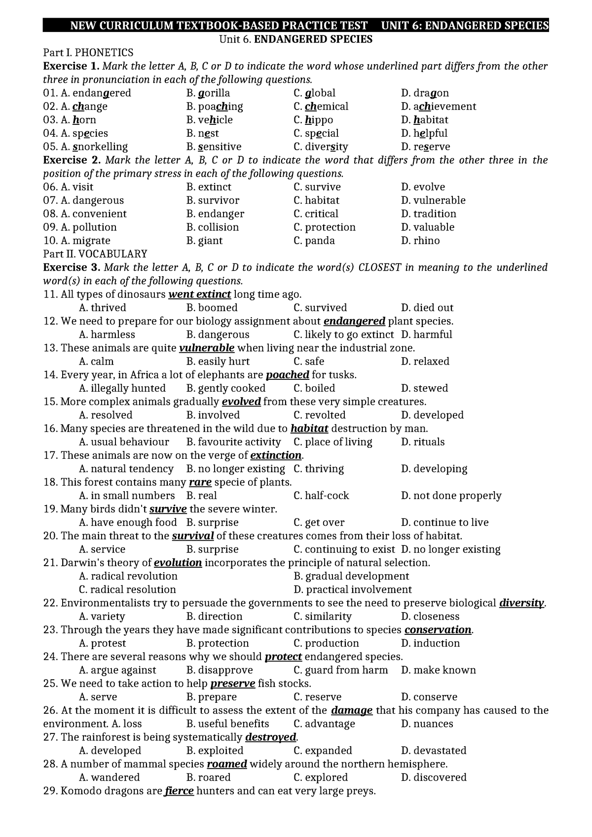 Unit 6 - Endangered Species - Unit 6. ENDANGERED SPECIES Part I ...