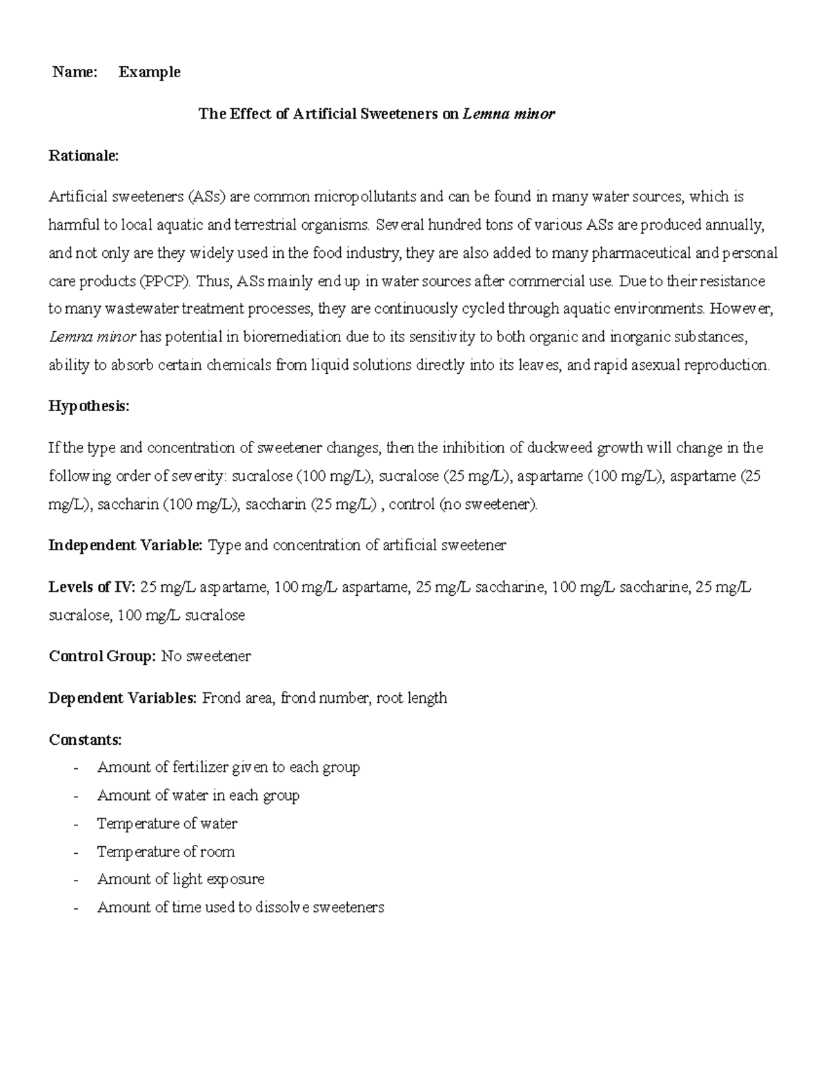 Example++Research+Plan - Name: Example The Effect of Artificial ...