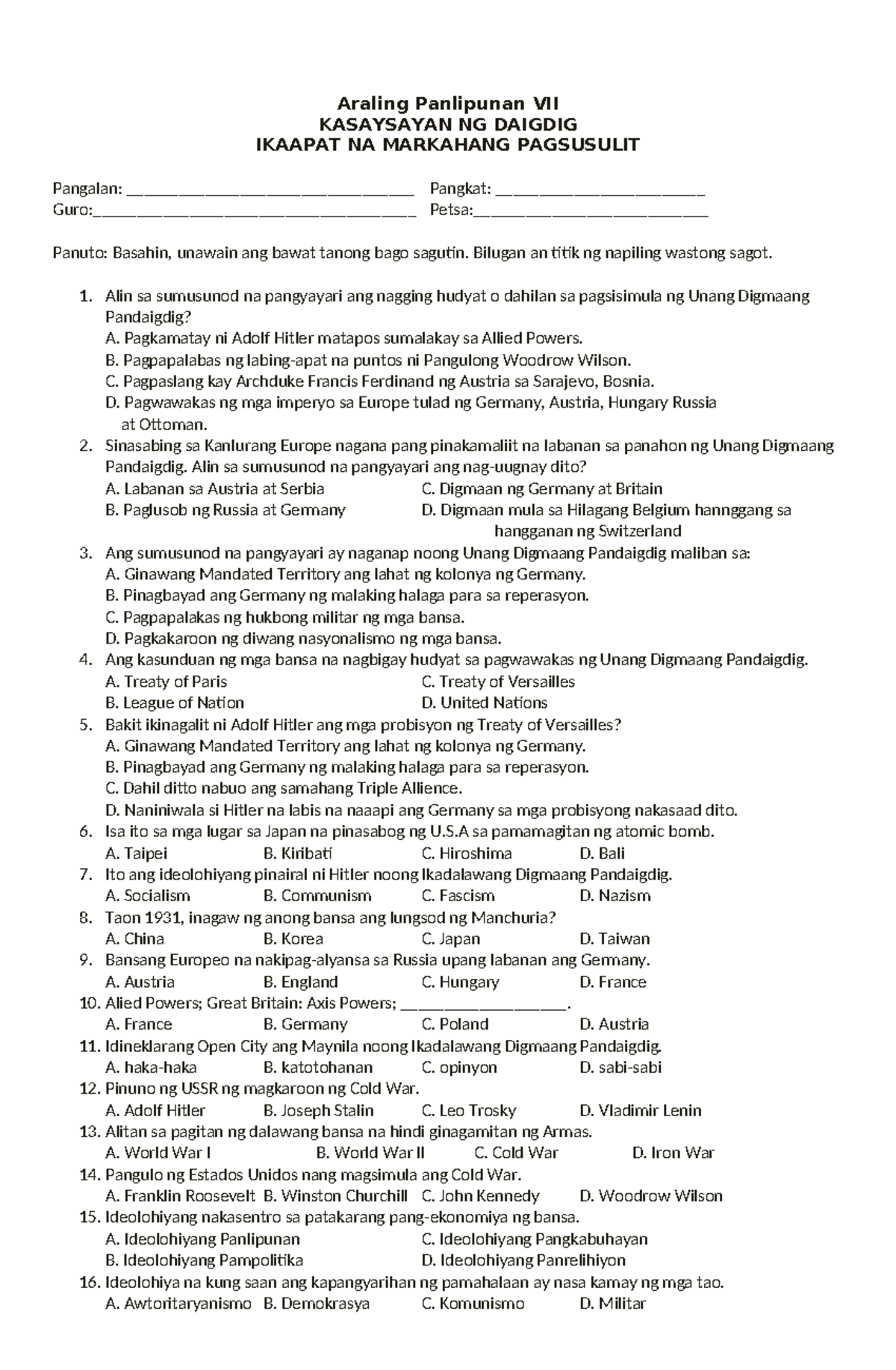 4th Periodical Test - FUTURE REFERENCE - Araling Panlipunan VII ...