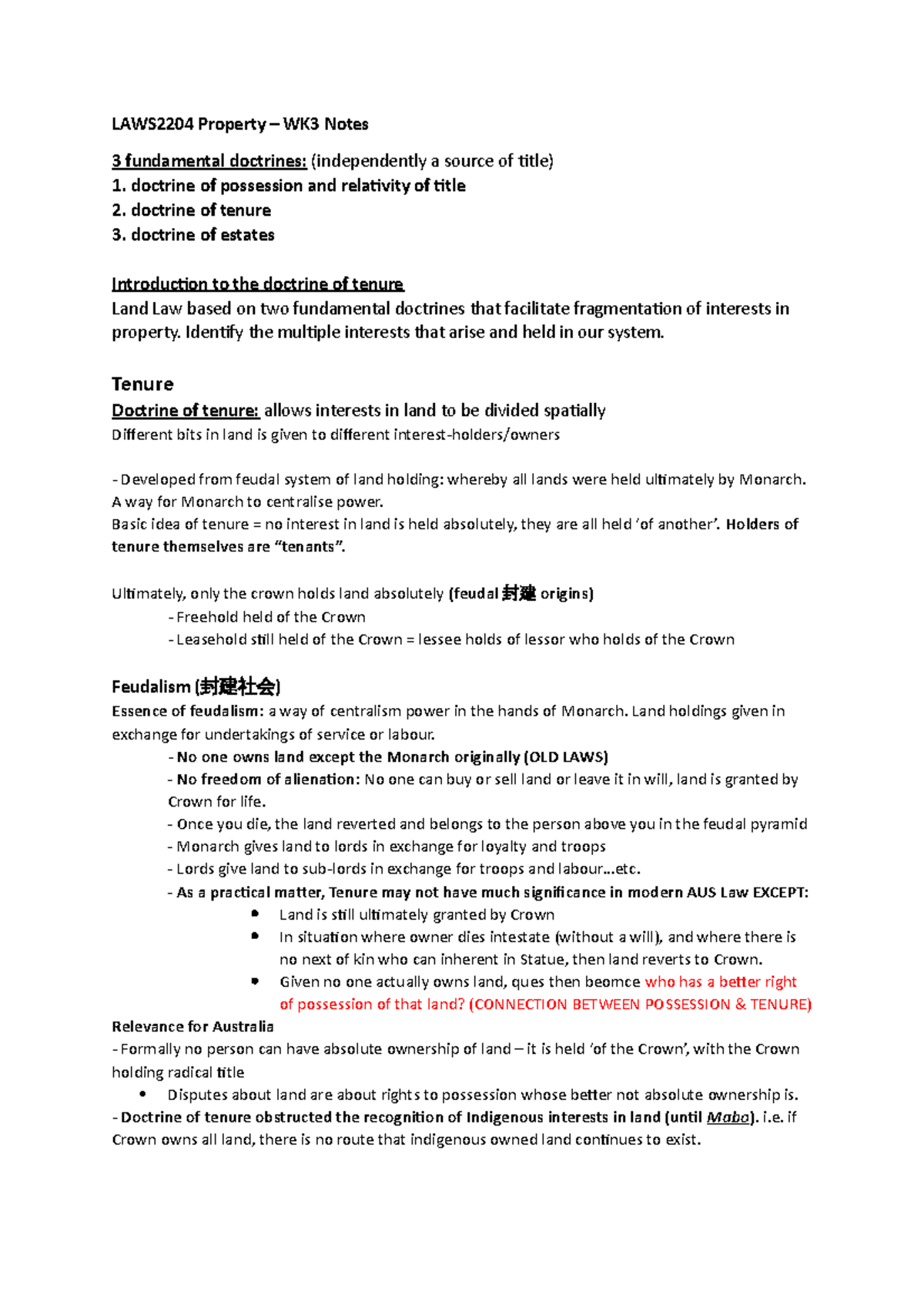LAWS2204 property notes LAWS2204 Property WK3 Notes 3 fundamental