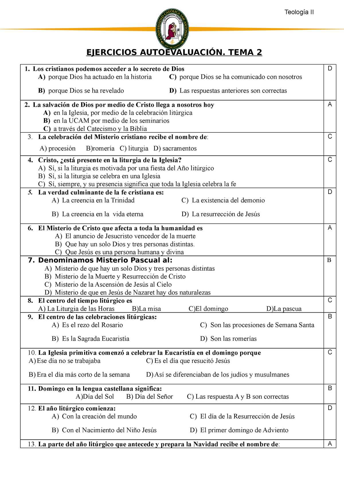 Tema 2 TEOLOGIA ENFERMERIA - Teología II EJERCICIOS AUTOEVALUACIÓN ...