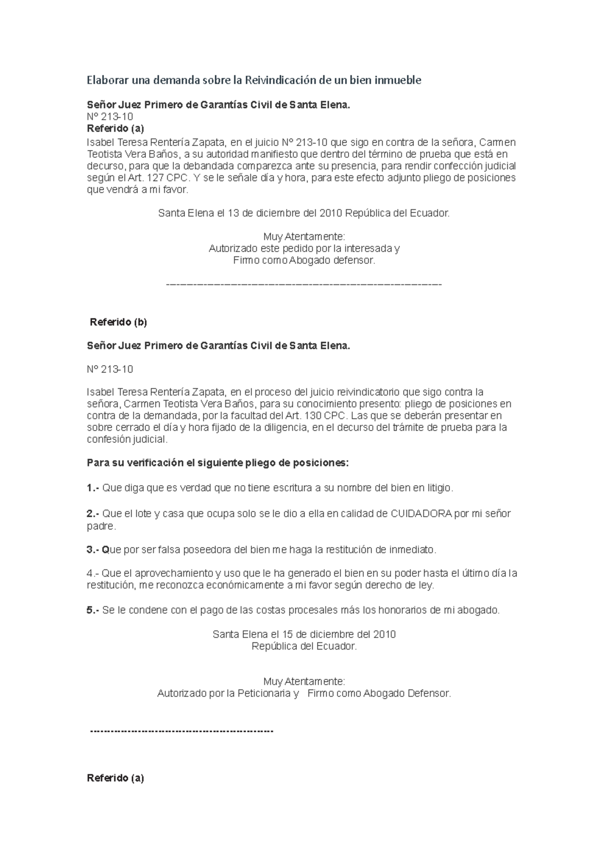 Elaborar una demanda sobre la Reivindicación de un bien inmueble - Nº ...